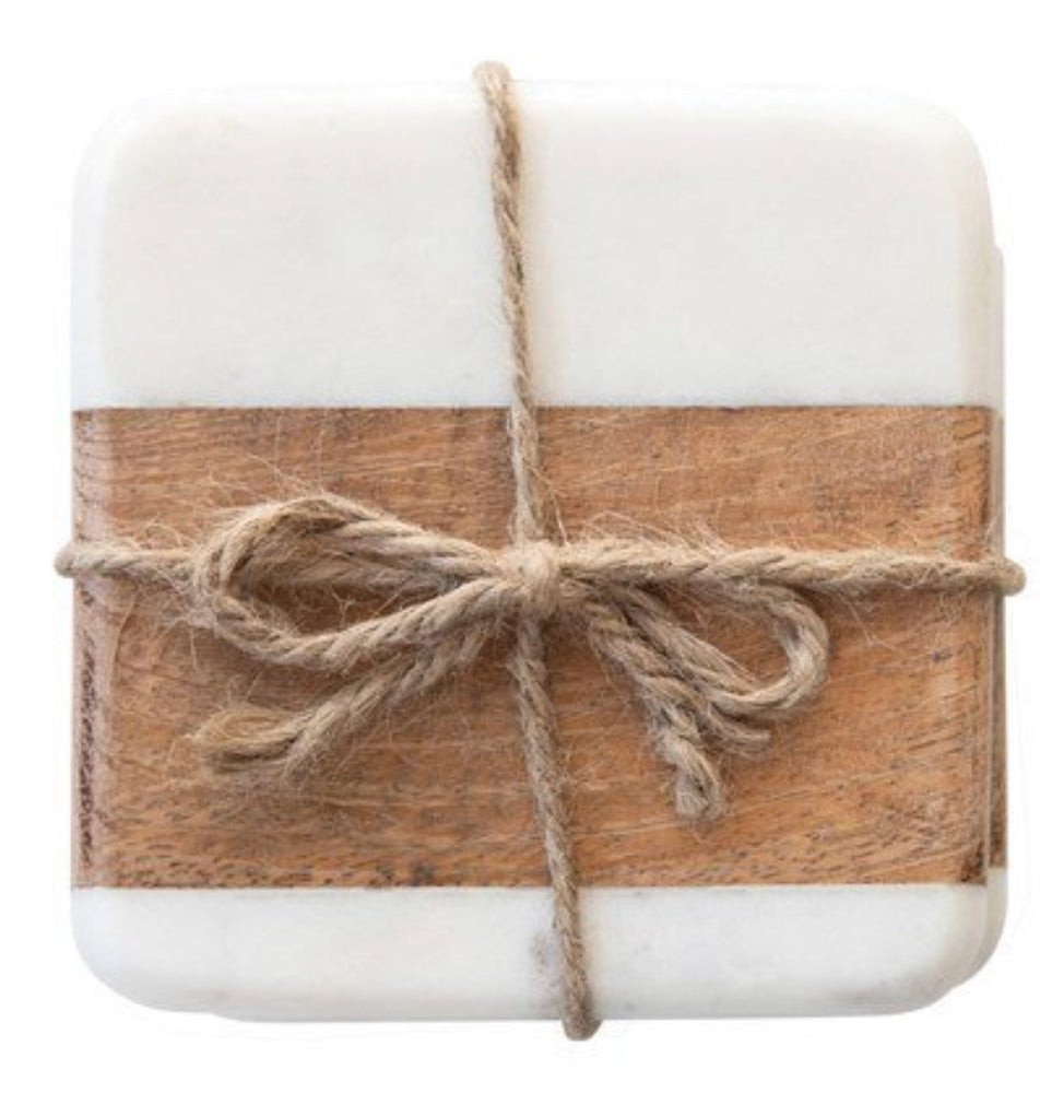 Marble/Acacia Wood Coasters  White/Natural (Set of 4)